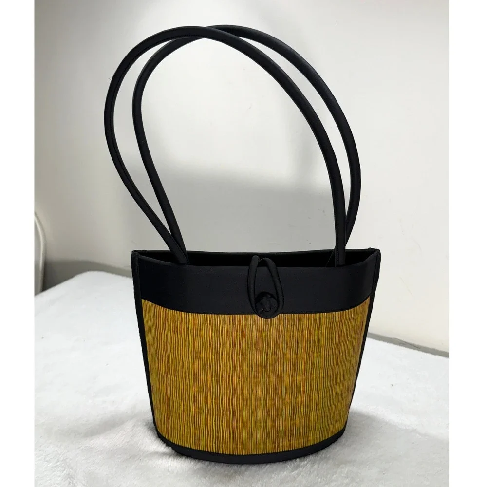Woven Straw Bucket Bag Yellow‎ Green Striped Curved Tote Black Trim Shoulder Bag